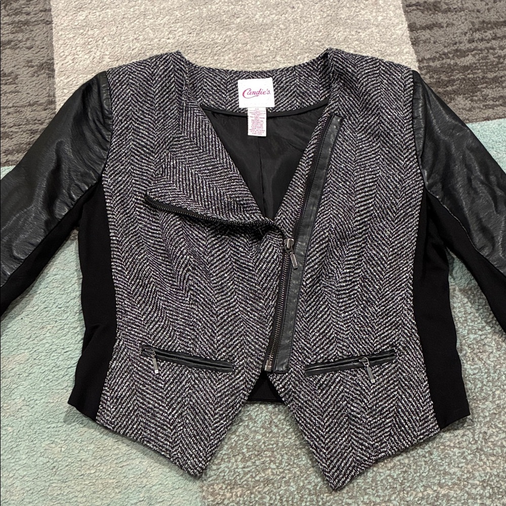 Candie's Black & Gray Tweed Faux-Leather Moto Blazer